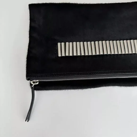 Alexander McQueen Black Leather Calf Hair Foldover Oversized Clutch